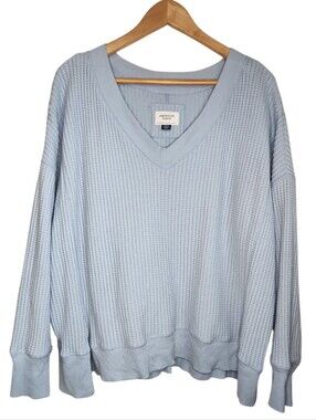 American Eagle Big Hug V-Neck Waffle Knit Sweater Light Blue Oversized Medium